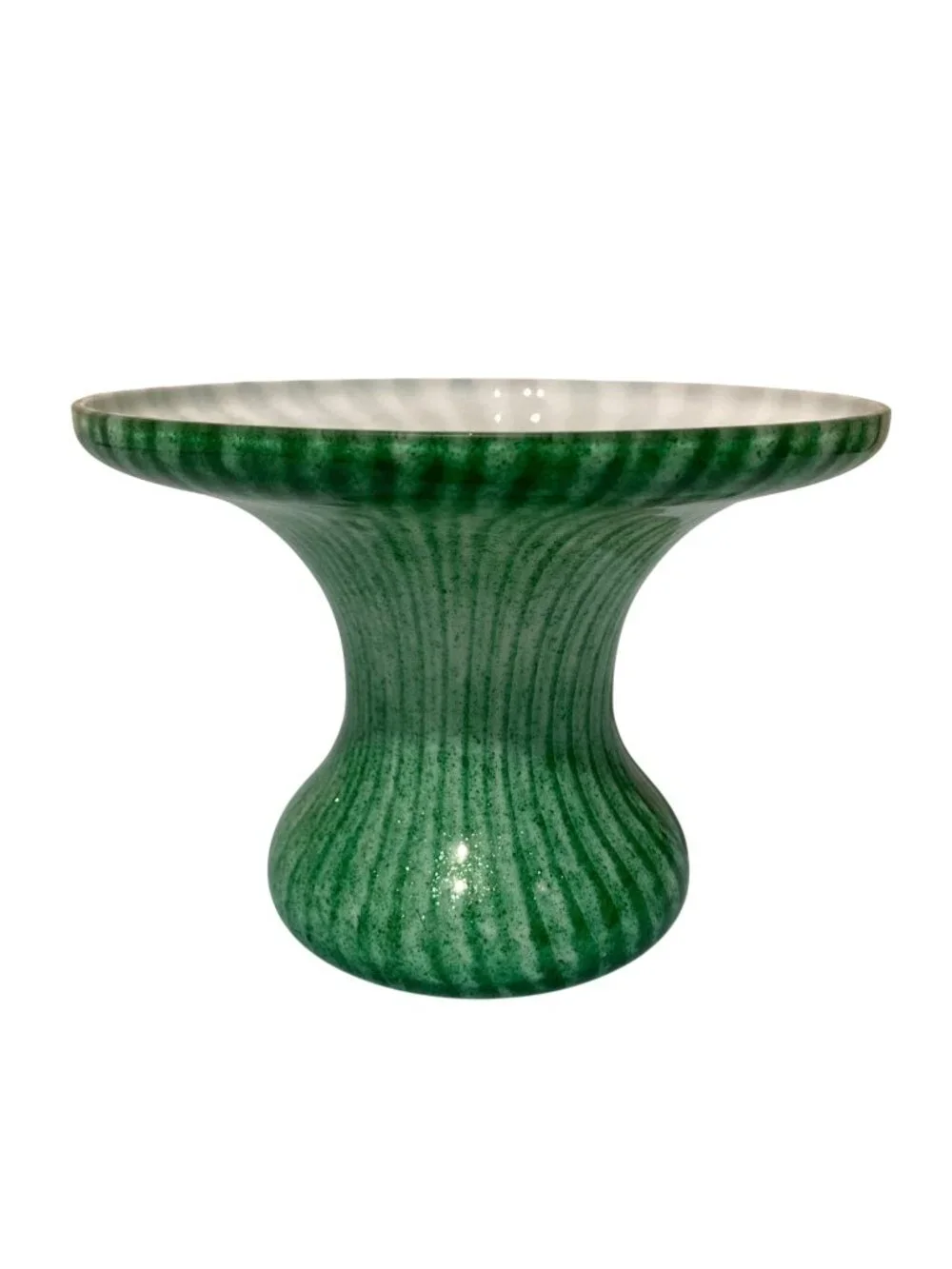 Green And White Cased Glass Vase With Fluted Rim And Striped Pattern